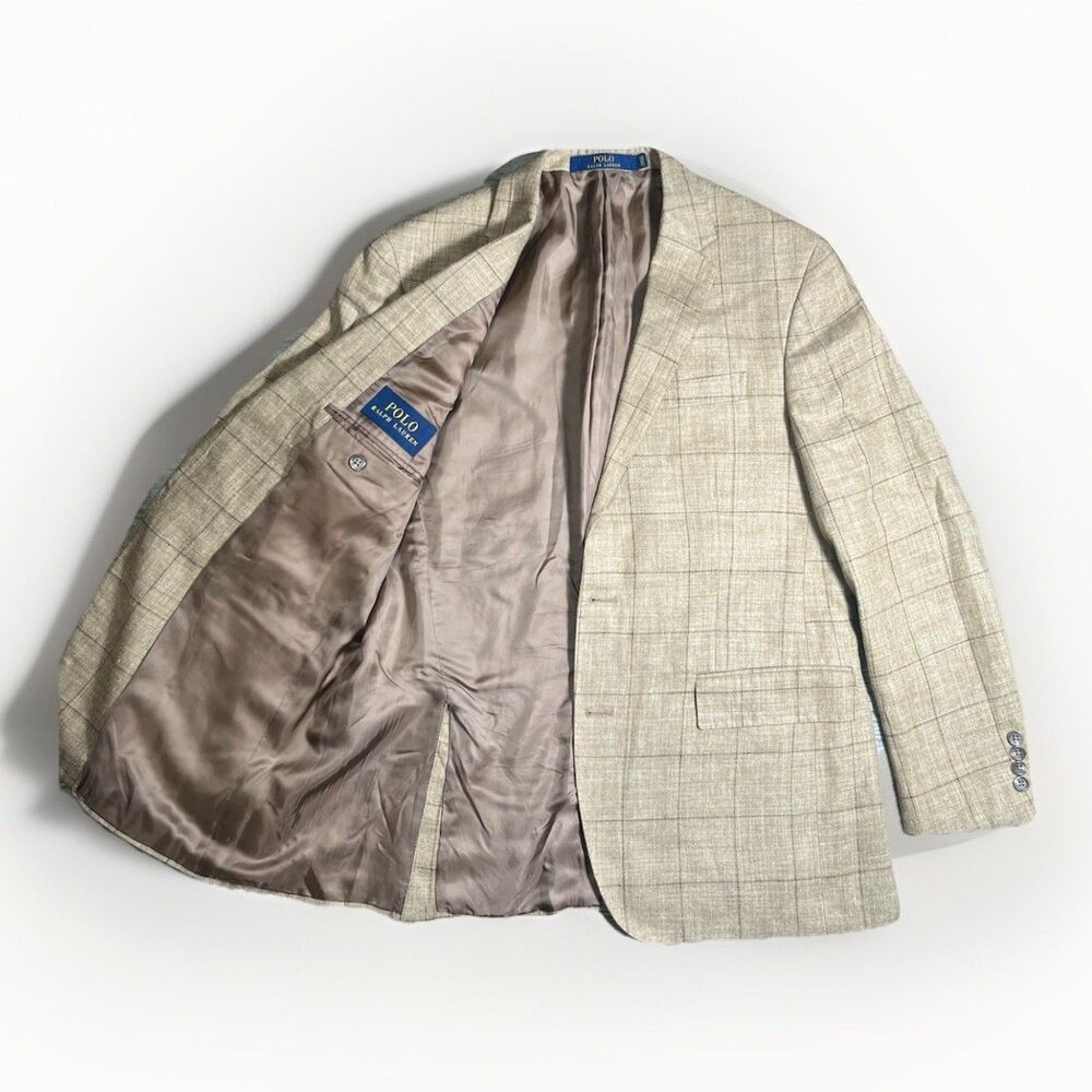 Polo Ralph Lauren Blazer 42R Flax Linen Silk Plaid Beige Sport Coat Suit Preppy